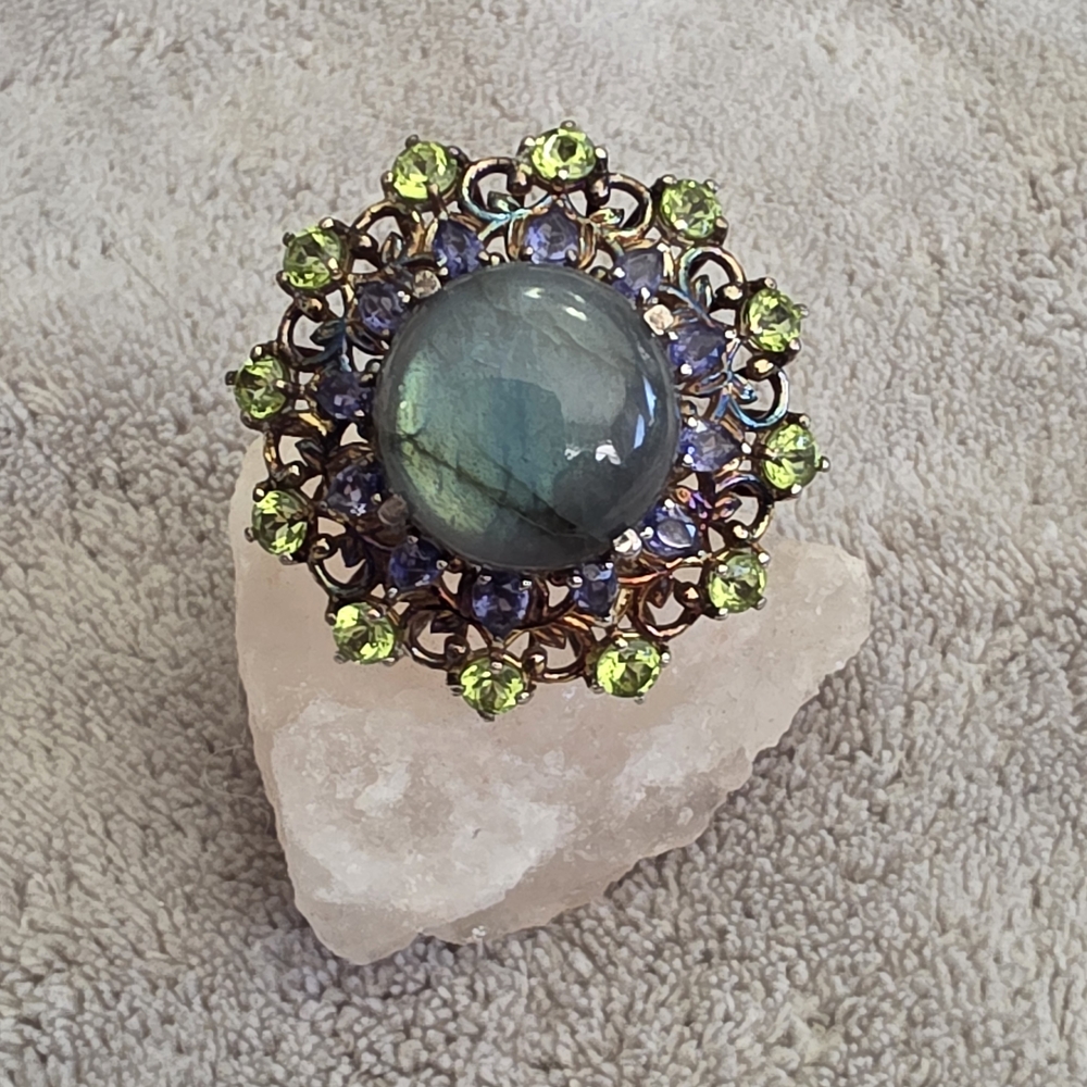 Labradorite, Iolite and Peridot Gemstone Ring -Size 8-9